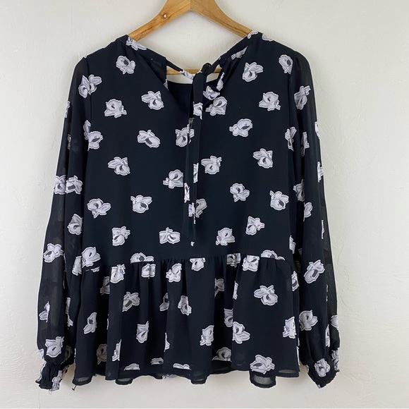 Loft Size Small Black Sheer Chiffon Grey Floral Full Sleeve Ruffle Hem Blouse - Picture 4 of 7
